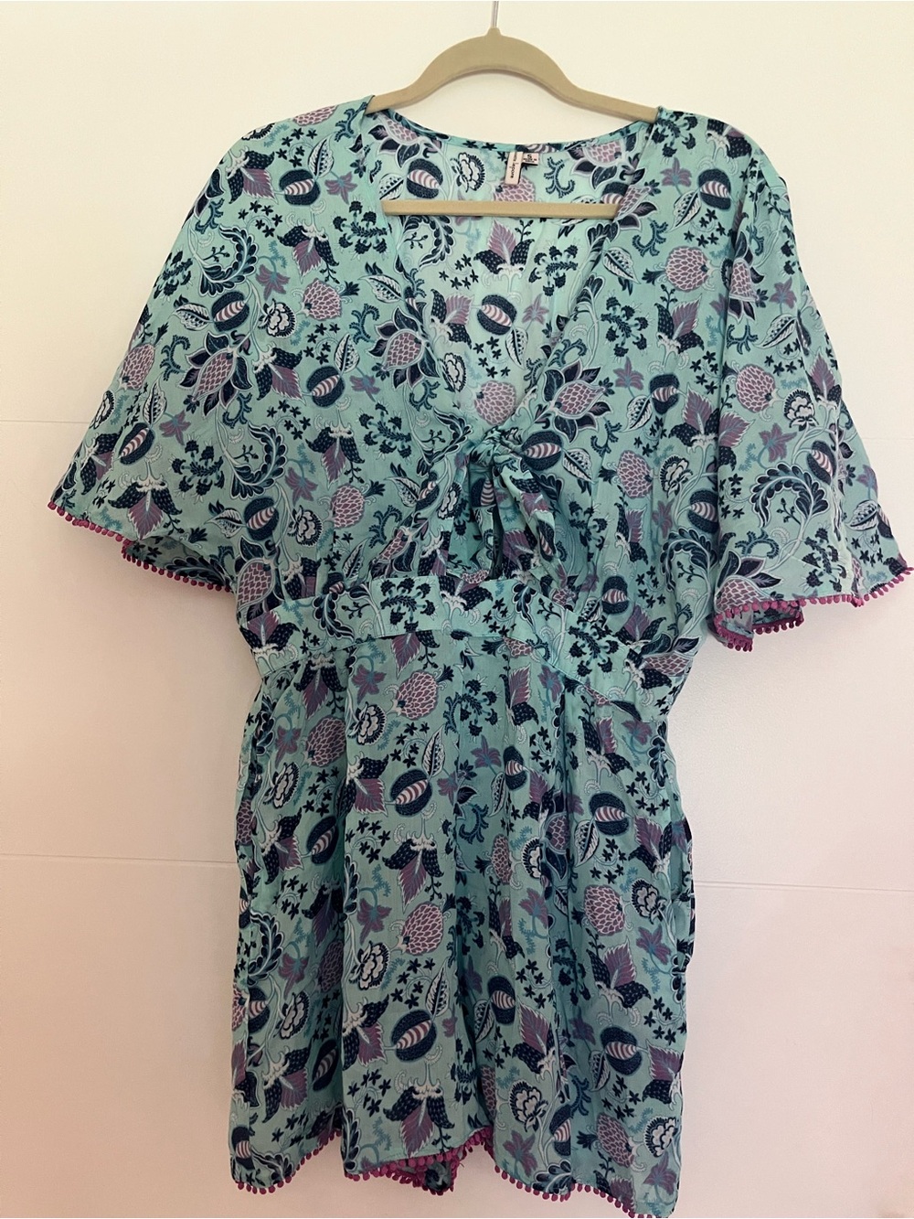 Nanette Lepore Aqua Floral Tie-Front Romper with Purple Accents